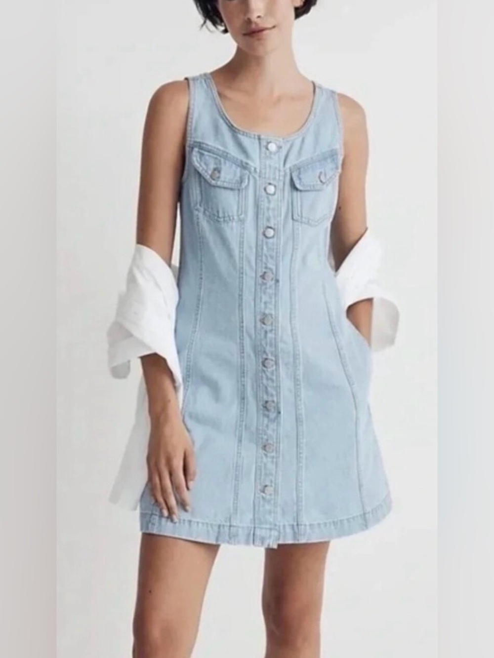 MADEWELL Denim Sleeveless Seamed Mini Dress Blue Palomilla Wash Pockets Size 10
